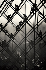 Generative AI illustration of group of construction workers navigating an intricate web of steel beams with a moody fog in the background