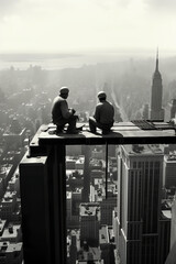 Generative AI illustration of two construction workers on a steel girder high above the city in a scene reminiscent of the 1950s New York skyline