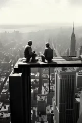 Acrylic prints Empire State Building Generative AI illustration of two construction workers on a steel girder high above the city in a scene reminiscent of the 1950s New York skyline