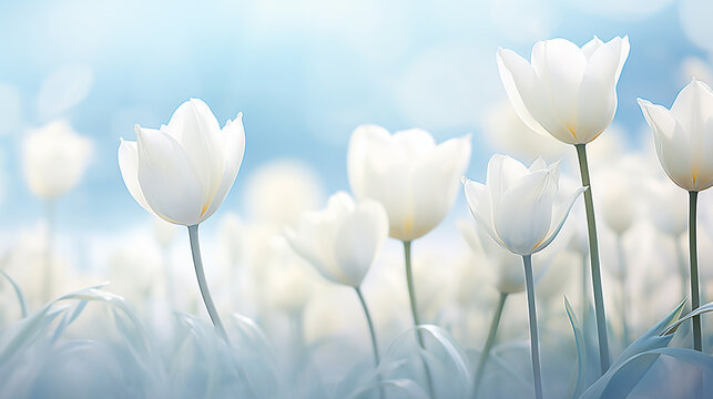 photo white tulips on a light blurred backgron
