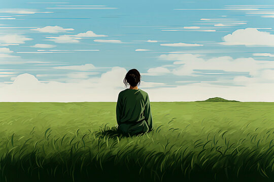 Generative AI image of an anonymous figure sitting on the ground, facing away towards the horizon in a vast, open grassland under a streaked sky, portraying peaceful reflection