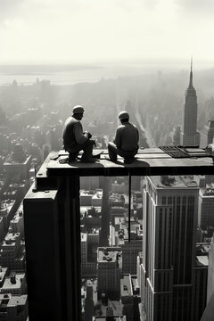 Fototapeta Generative AI illustration of two construction workers on a steel girder high above the city in a scene reminiscent of the 1950s New York skyline