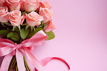 bouquet of roses on a pink background with a pink ribbon