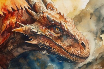 Watercolor of an impressive dragon spying fire. - obrazy, fototapety, plakaty