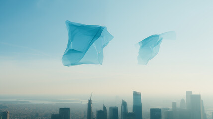 Soaring plastic bags over city skyline highlight pollution. Generative AI image