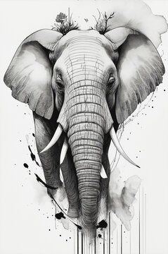 sketh portrait of african elefant,pencil drawing, paint smudges, Line art back and white illustration on white background with paper texture, good for wall art, interior, tatoo