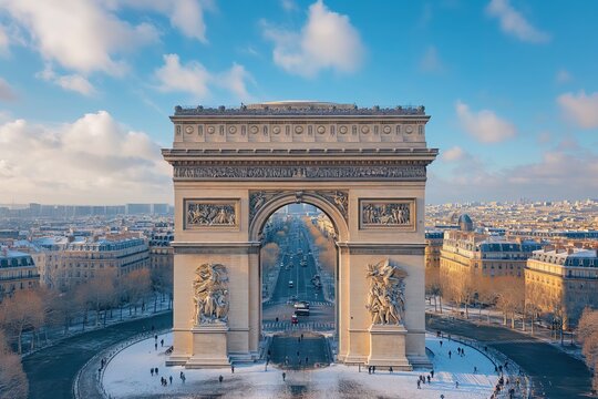 Arc de Triomphe in France, Paris, aerial view on a scenic sunset