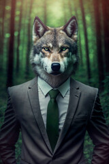 Generative AI illustration of creative composite image of wolf head on a person body dressed in a suit and tie set against a blurred forest background