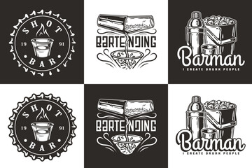 Bartender design with shaker, beer cap, shot with fire and bucket with ice for bartending school. Vector emblem set of chromed metal equipment or cocktail bar tool for barman or barkeep