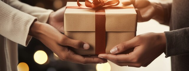 hands holding a brown paper gift box , christmas presents ,valentines present 