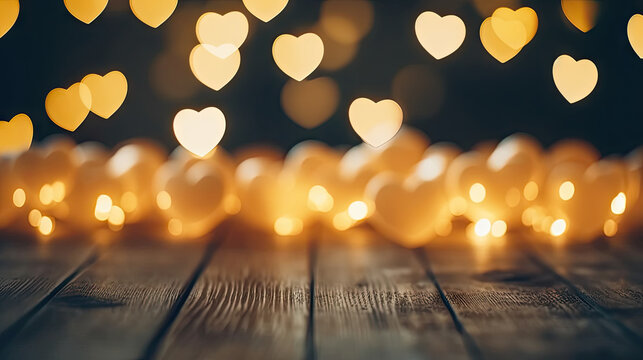  bokeh hearts light on the wooden background, 