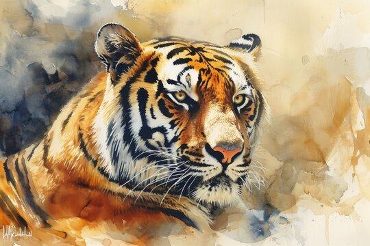Watercolor painting of an impressive Tiger.