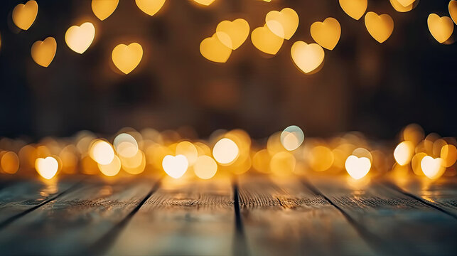 bokeh hearts light on the wooden background, 