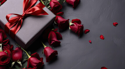 Gift Box and Rose Flowers on Dark Background, Elegant Surprises Await.
