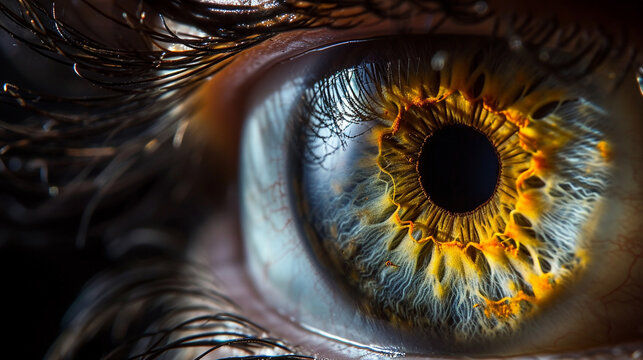 A visually immersive image portraying a human eye in extreme close-up, with intricate details of the iris and pupil, utilizing creative lighting to enhance the natural beauty and c