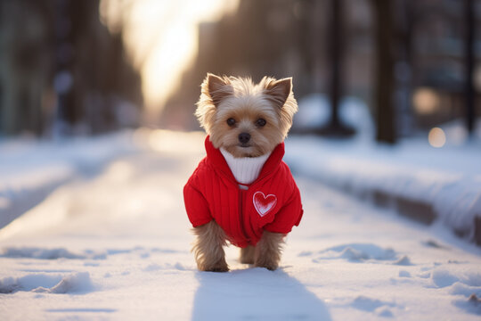 Generative AI image of a small dog in a red sweater with a heart design, standing in a snowy park with sunlight filtering through the trees representing Valentine's Day celebration