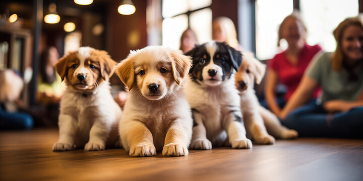 Generative AI image of adorable puppies in a row with people