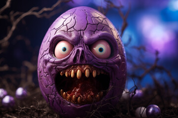 AI Generated Image of scary creepy Easter egg with ugly grimace placed among branches on table against blurred purple background - obrazy, fototapety, plakaty