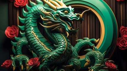 Green wooden dragon symbol 2024. New Year and Christmas concept . Chinese new year 2024 year of the emerald Wood dragon, digital ai
