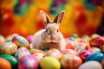 Fototapeta na wymiar AI Generated Image of brown Easter bunny looking at camera and surrounded by colorful Easter eggs against blurred background