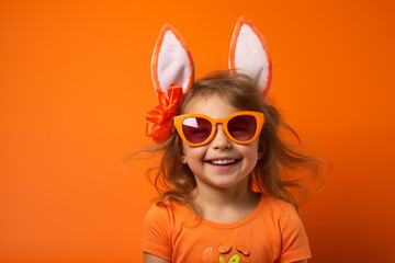 AI Generated Image of Studio portrait of a little cute girl wearing Easter Bunny ears and sunglasses smiling and looking at camera while standing on an orange background