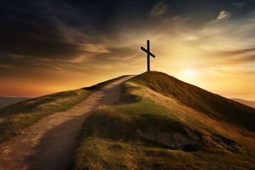AI Generated Image of Path leading to the Christian cross on a hill against dramatic sunset sky - obrazy, fototapety, plakaty