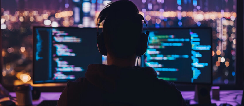 Developer immersed in code, headphones on, amid the nocturnal glow of a city's endless data stream