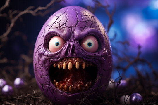 AI Generated Image of scary creepy Easter egg with ugly grimace placed among branches on table against blurred purple background