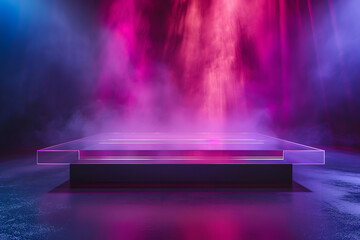 Futuristic Neon-lit Product Stage with Smoky Atmosphere, Perfect for High-Tech Reveals