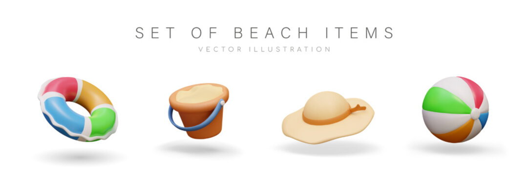 Set of beach items. Isolated realistic images of inflatable ring, sun hat, sand bucket, striped beach ball. Colorful illustrations for summer web design
