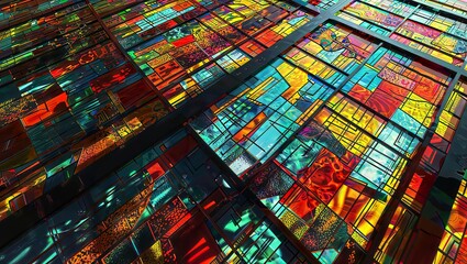 Colorful stained glass windows in a modern building. 3D rendering