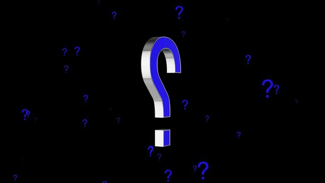 3d rendering question mark on dark background, metallic silver and blue icon motion design element