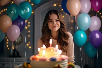 A happy young woman with a birthday cake with candles on the background of a room decorated with balloons in honor of her birthday