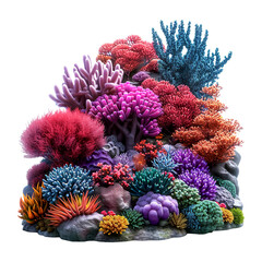 Fototapeta na wymiar Colorful coral formations of various shapes and sizes, displayed against a stark white background