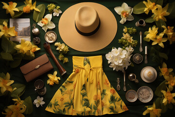 Yellow Dress and Hat on Table, A Vibrant and Stylish Flat Lay Design. Top View Table Set Concept