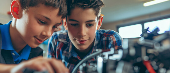 Inquisitive minds at work, two boys delve into robotics, the future at their fingertips - obrazy, fototapety, plakaty