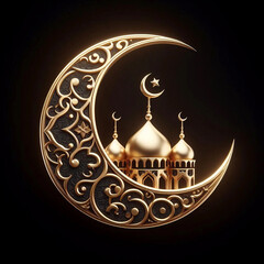 Ramadan Kareem Islamic crescent moon black and gold decoration background 3d render Ai generative.
