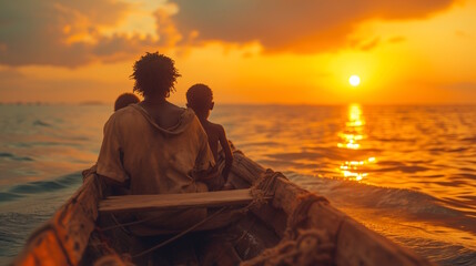 Family riding a rustic canoe on the ocean while watching the sunset together.