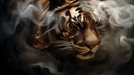 Portrait of a tiger in smoke, striped predator, big cat - obrazy, fototapety, plakaty