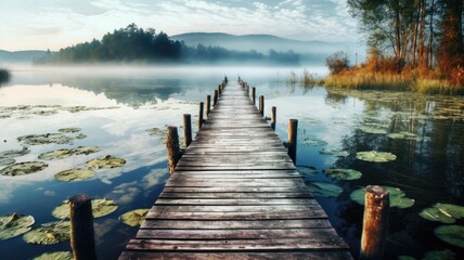 Wooden Pier on the Lake: Tranquil Scene, Scenic Beauty, Waterfront Serenity, Pier Reflection,...