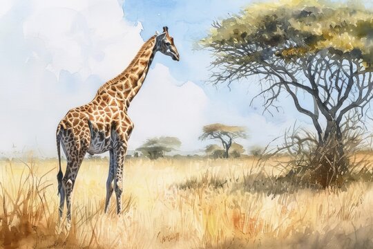 Watercolor of a Giraffe in the Savannah.