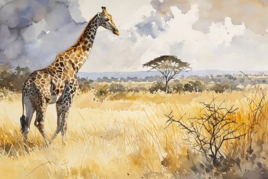 Watercolor of a Giraffe in the Savannah.