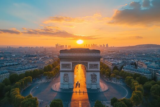 Fototapeta Arc de Triomphe in France, Paris, aerial view on a scenic sunset