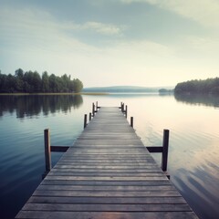Fototapeta na wymiar Wooden Pier on the Lake: Tranquil Scene, Scenic Beauty, Waterfront Serenity, Pier Reflection, Nature's Haven, Lake Landscape, Picturesque Backdrop, Idyllic Setting, Peaceful Retreat, Wooden Jetty 