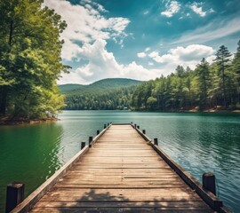 Wooden Pier on the Lake: Tranquil Scene, Scenic Beauty, Waterfront Serenity, Pier Reflection, Nature's Haven, Lake Landscape, Picturesque Backdrop, Idyllic Setting, Peaceful Retreat, Wooden Jetty
