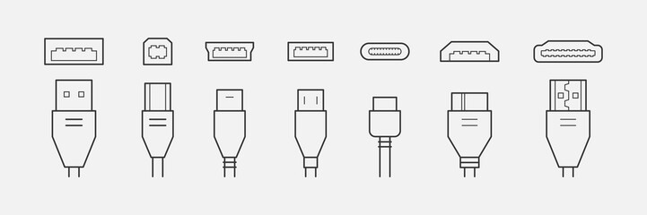Set of connectors and plugs line icons. USB, HDMI, ethernet icon set. Mini, micro, lightning, type...