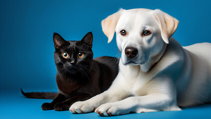 A black cat and a white dog are sitting next to each other. Pets on a blue background, copy space