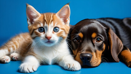 Tabby kitten and brown dog lying together. Pets on blue background, copy space.