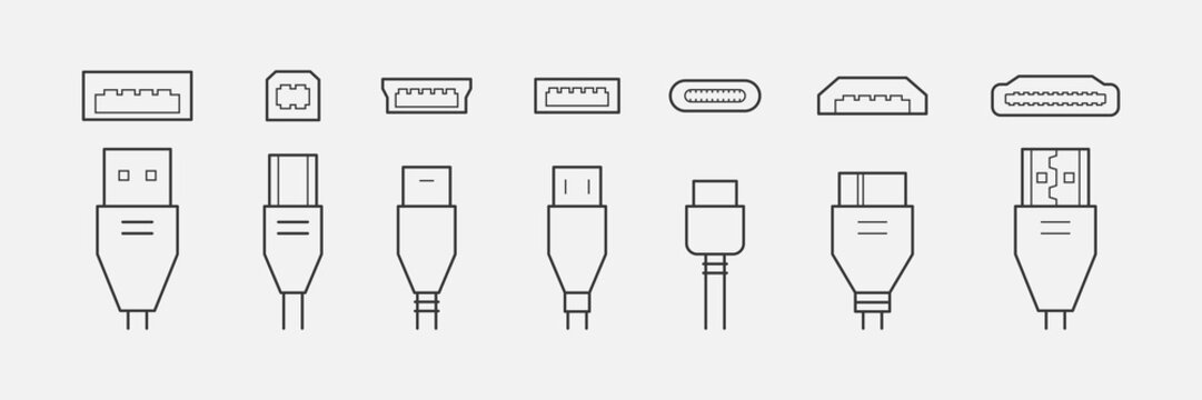 Set of connectors and plugs line icons. USB, HDMI, ethernet icon set. Mini, micro, lightning, type A, B, C connectors. Vector illustration white background	