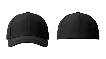 Set of black front and side view hat baseball cap on transparent background cutout, PNG file. Mockup template for artwork graphic design - obrazy, fototapety, plakaty